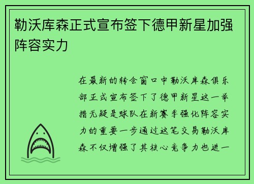 勒沃库森正式宣布签下德甲新星加强阵容实力