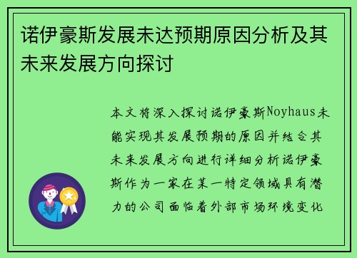 诺伊豪斯发展未达预期原因分析及其未来发展方向探讨