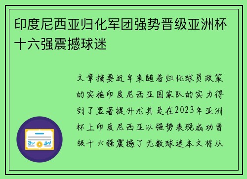 印度尼西亚归化军团强势晋级亚洲杯十六强震撼球迷